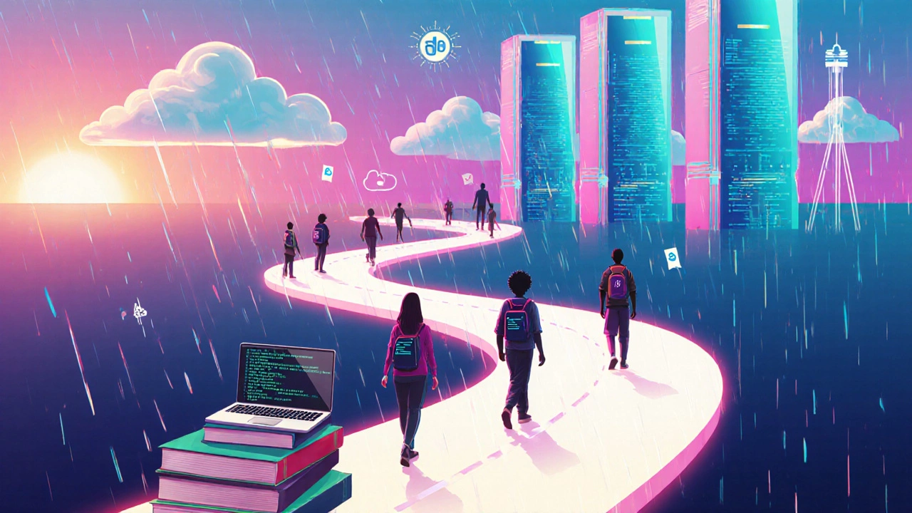 A learner’s journey visualized as a glowing road leading from code notebooks to a futuristic tech city.