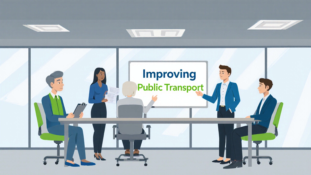 Assessment centre role‑play with candidates discussing a public‑transport proposal.