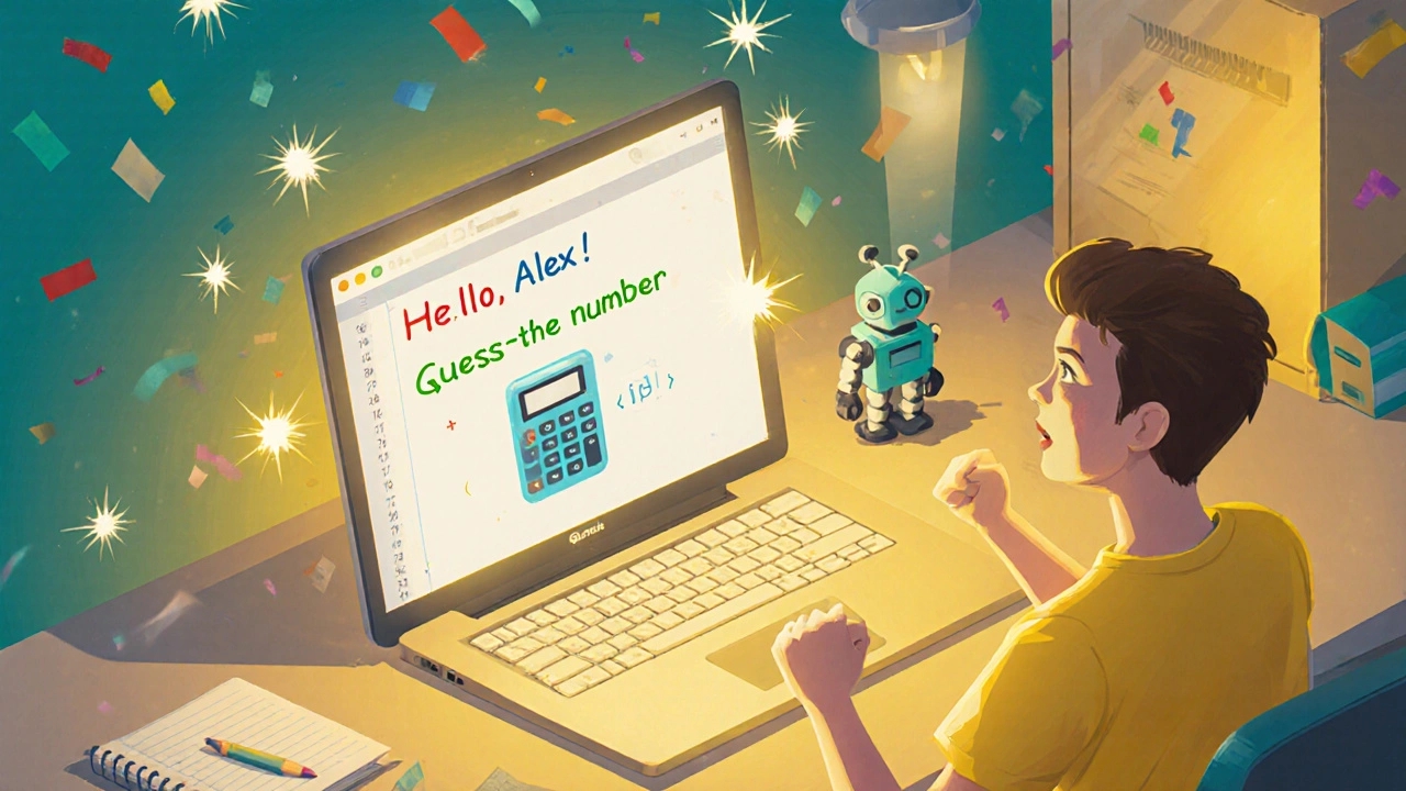 Celebratory scene of a new coder viewing a successful &quot;Hello&quot; program on a laptop.