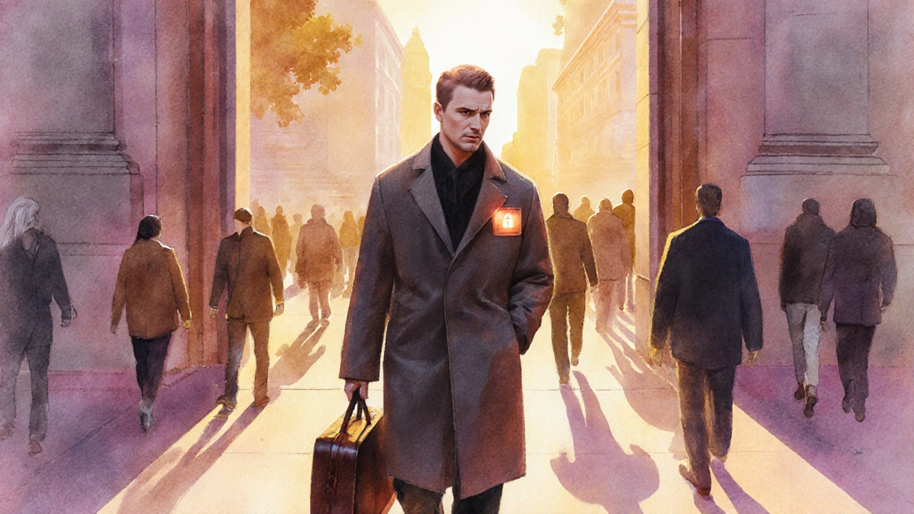 Covert operative exiting a plain building into a city street, exuding quiet confidence.