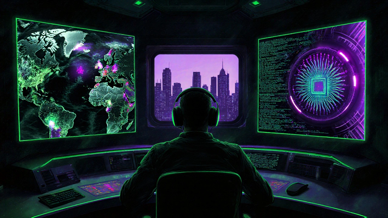 Cyber analyst surrounded by holographic screens showing satellite images and code in a neon‑lit room.