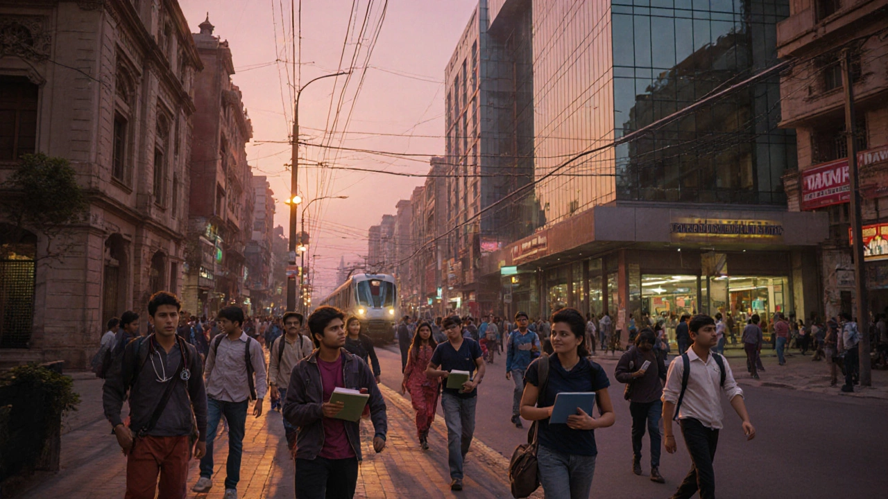 Delhi street at dusk with students heading to a coaching institute.