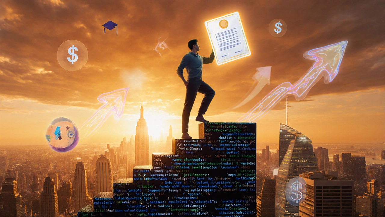 Developer celebrates promotion holding a glowing certification badge.