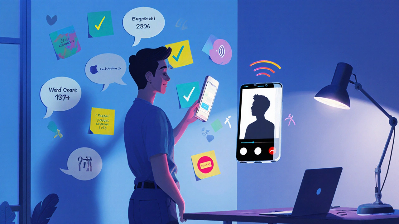 Digital scene of a learner reviewing progress, video call and checklist icons.