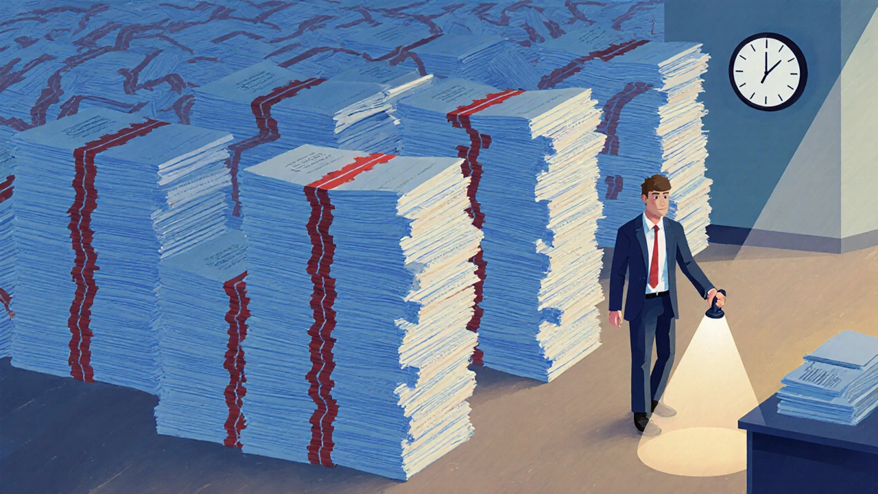 Employee navigating a maze of paperwork and red tape in a dimly lit office.