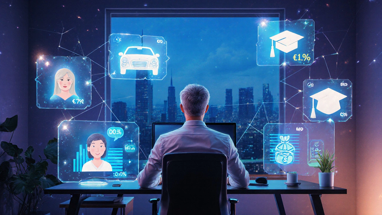 Futuristic home office of a senior NEET teacher with holographic screens and benefit icons.