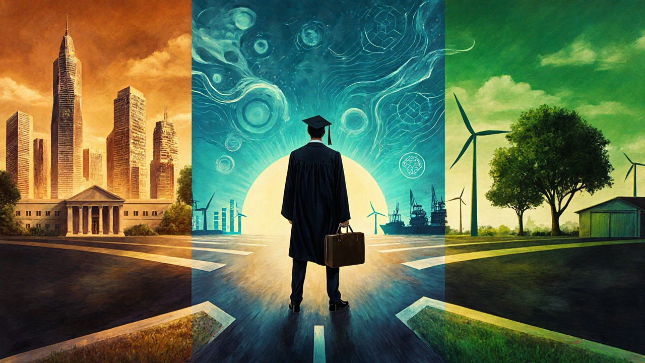 Graduate at sunrise crossroads, each path lit for a different MBA specialty.