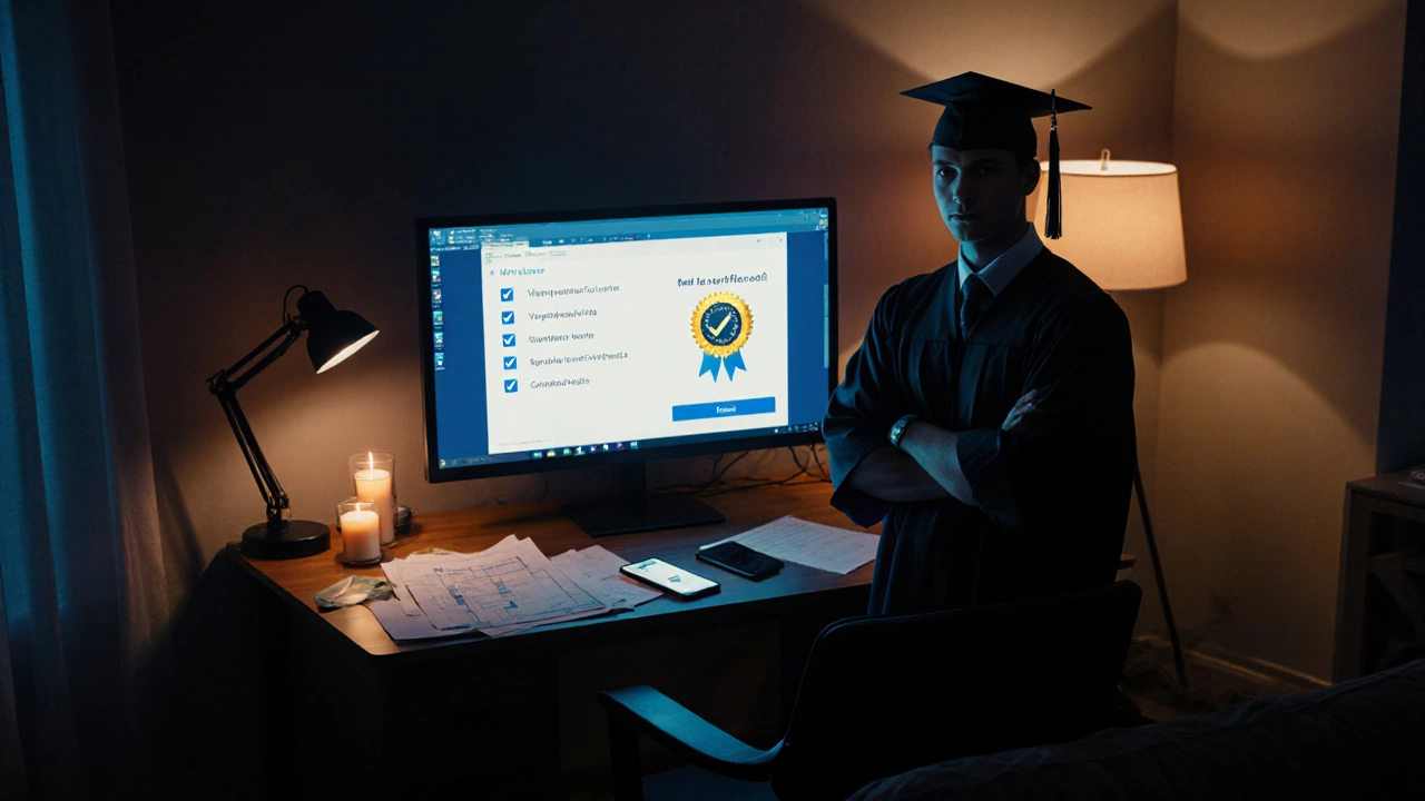 Graduate celebrates finishing a certification, badge shown on monitor.