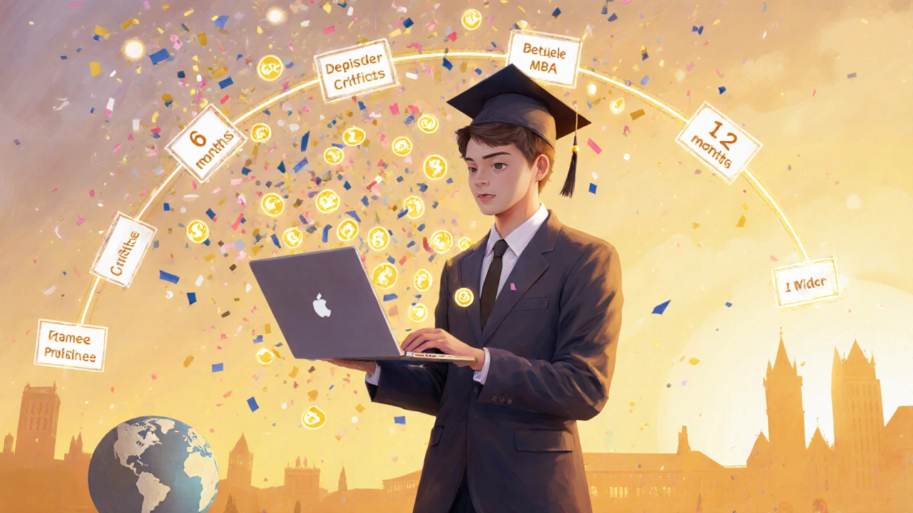 Graduate celebrating a fast‑track online degree with digital diploma, confetti, and a timeline.