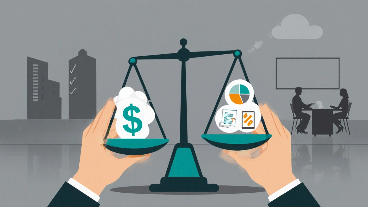 Hands holding a scale balancing cost icons against feature icons in a decision‑making scene.