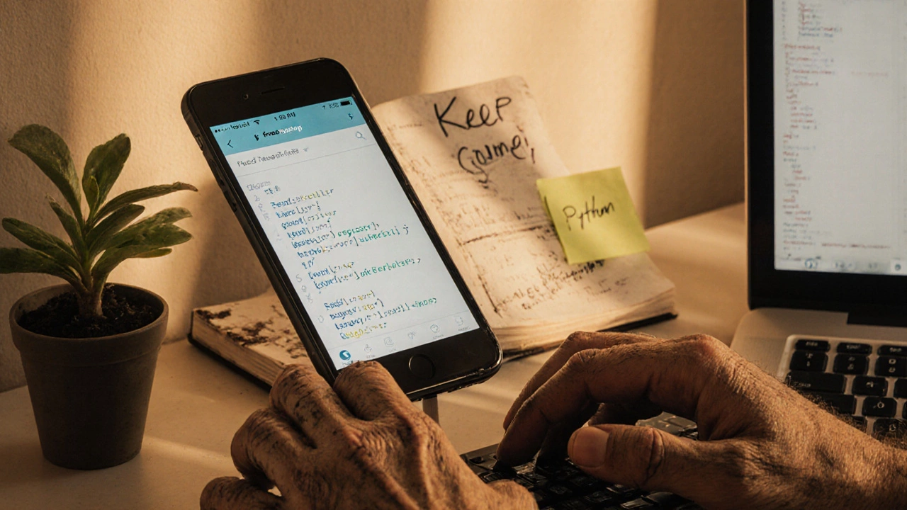 Hands typing on a keyboard beside a freeCodeCamp lesson on a phone, notebook, and small plant.