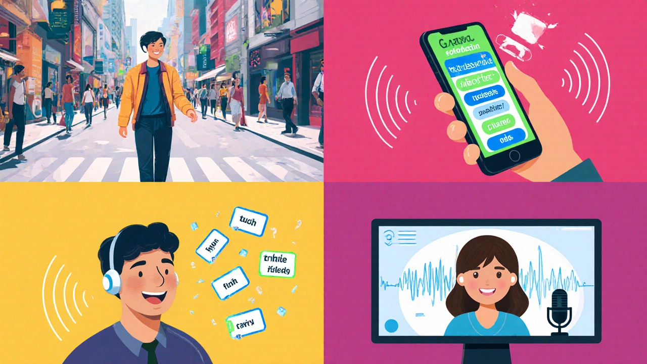 Illustration of four English learning methods: listening, flashcards, video call, speaking class.