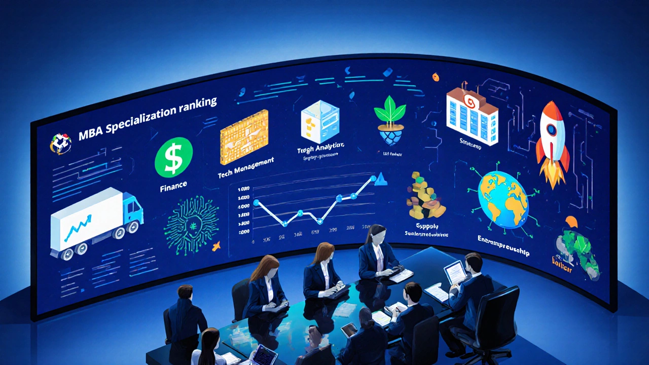 Isometric conference room showing icons for top MBA fields on a dashboard.