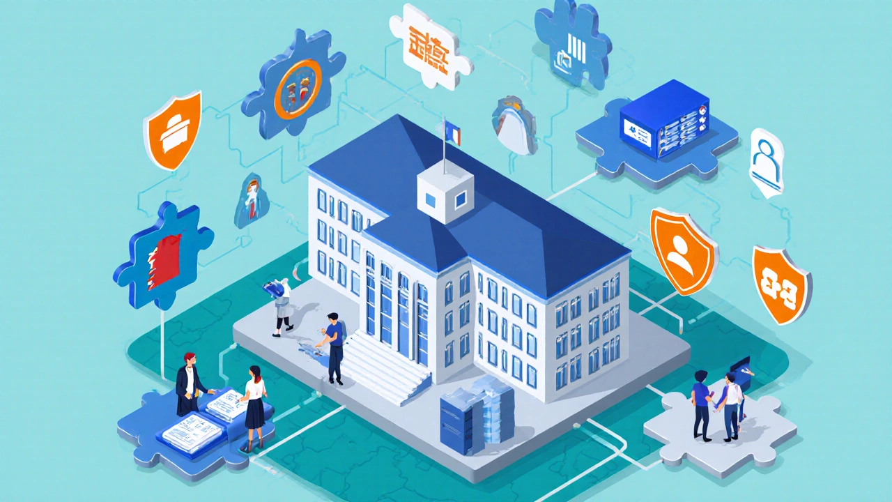 Isometric view of a university surrounded by plugin puzzle pieces and teachers using tablets.