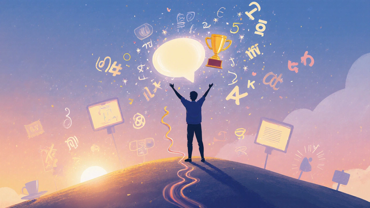 Learner celebrates progress on a hill at sunrise with swirling letter fireworks.