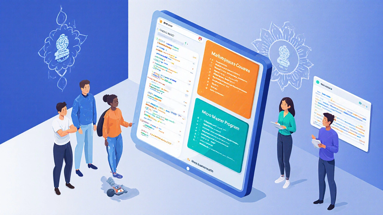 Learners comparing different online coding platforms in an isometric workspace.