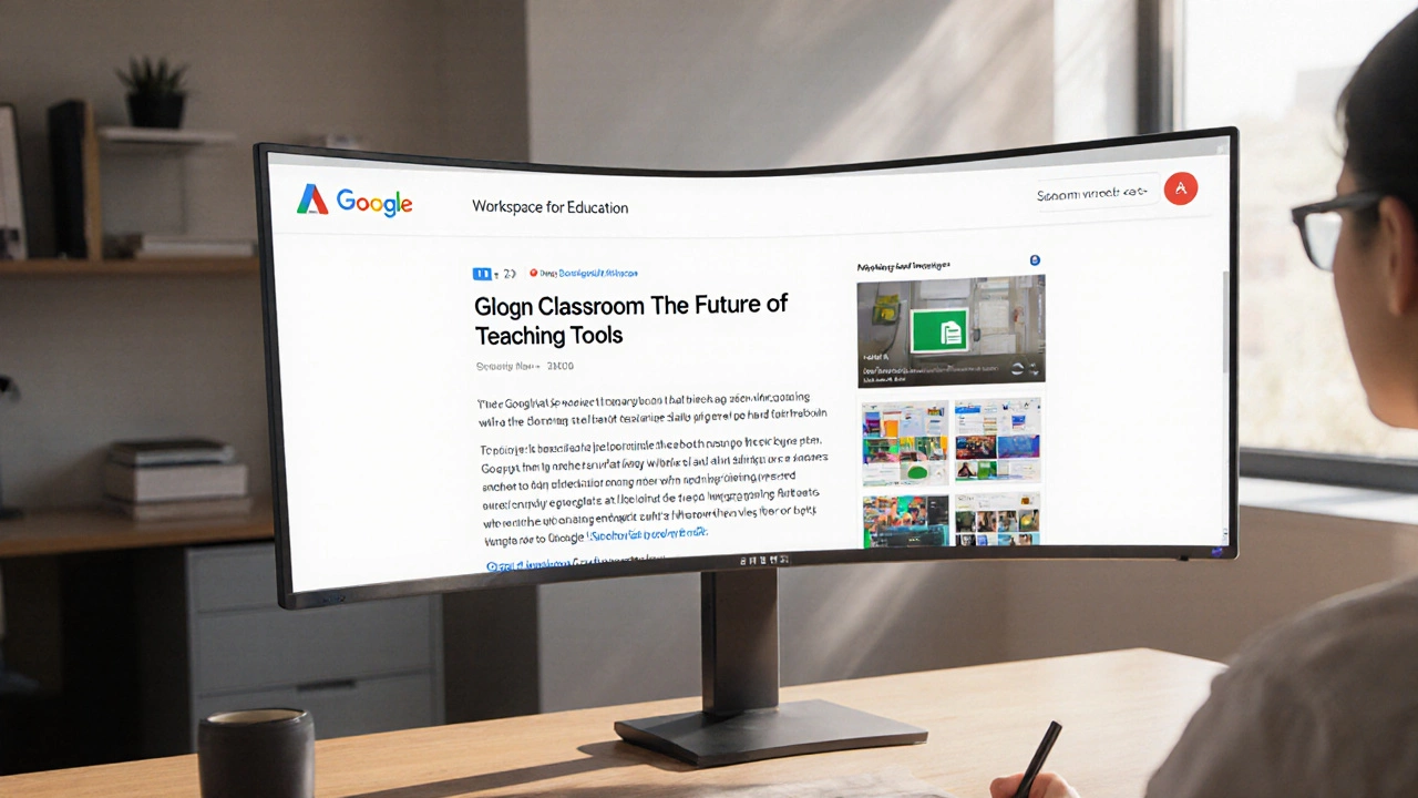 Office desk showing Google Workspace blog post about Classroom updates.