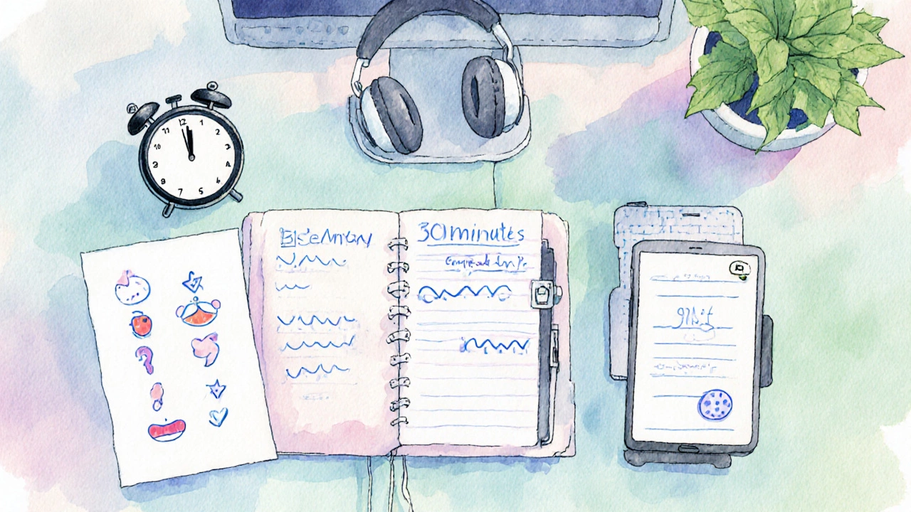 Overhead watercolor of a desk illustrating a 30‑minute speaking routine.