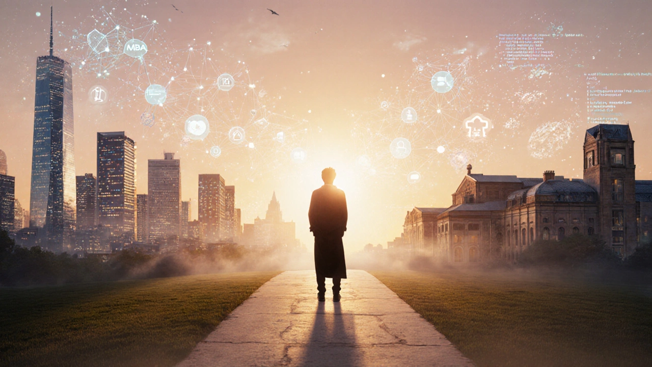 Silhouette at a forked road choosing between a glowing city network and a scholarly campus.