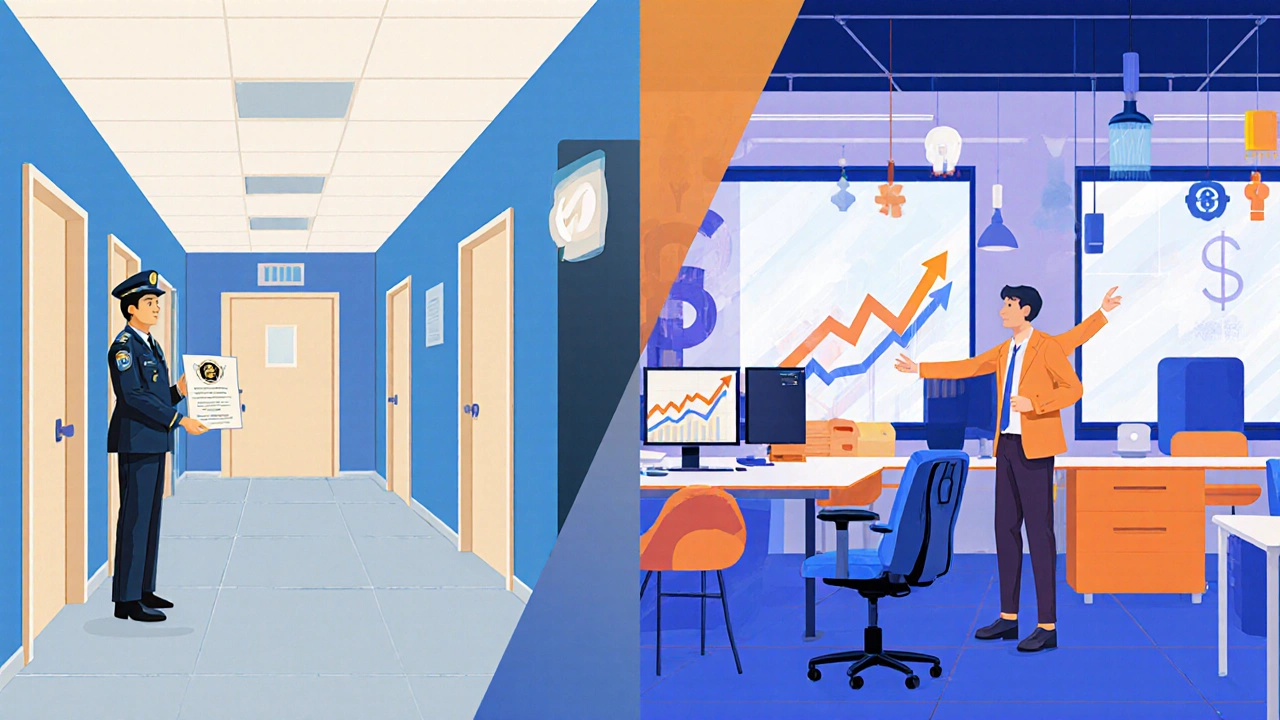 Split illustration showing a calm civil‑service hallway beside a vibrant tech office.