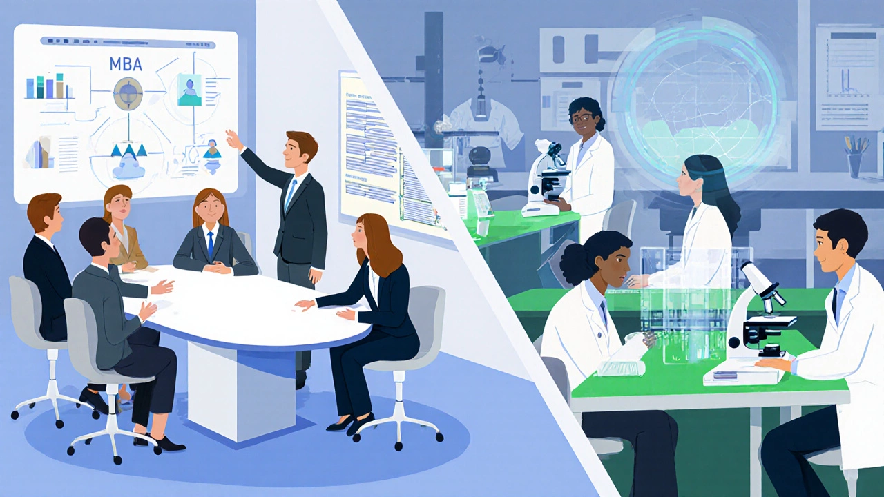 Split illustration showing an MBA classroom with case discussions beside a Master’s lab with research equipment.