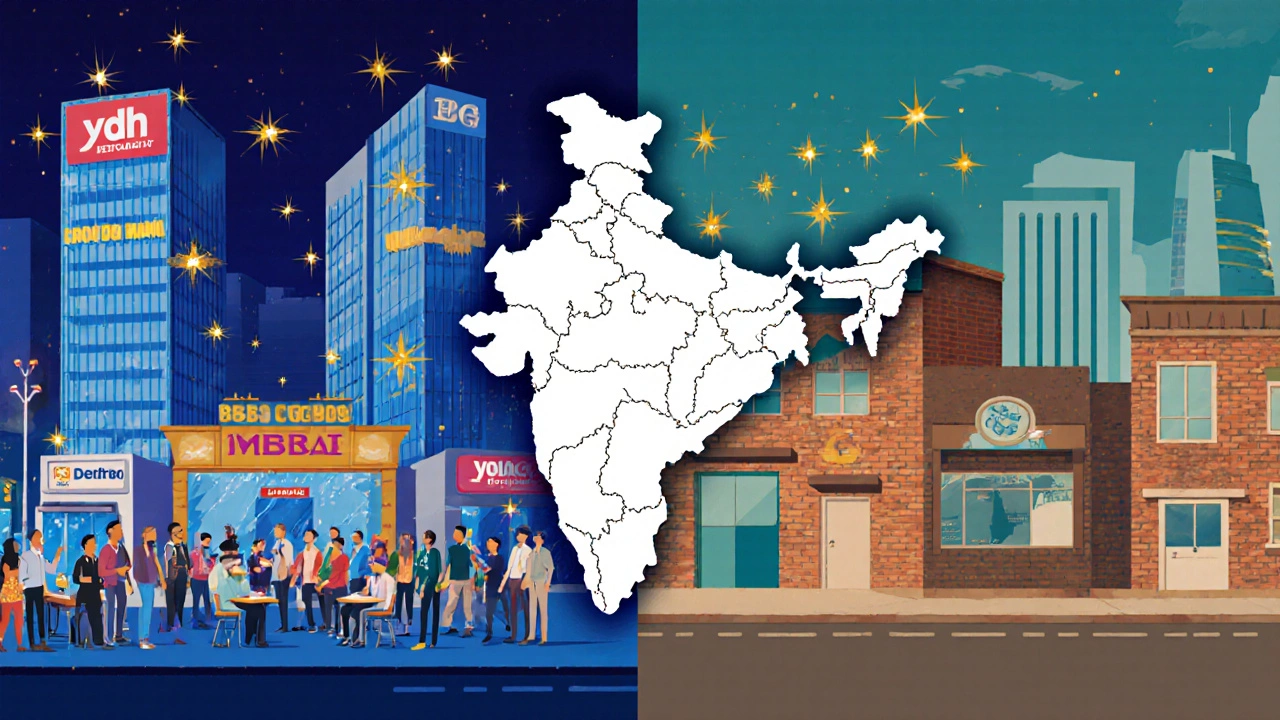 Split illustration showing metro coaching hub versus tier‑2 town with map markers.