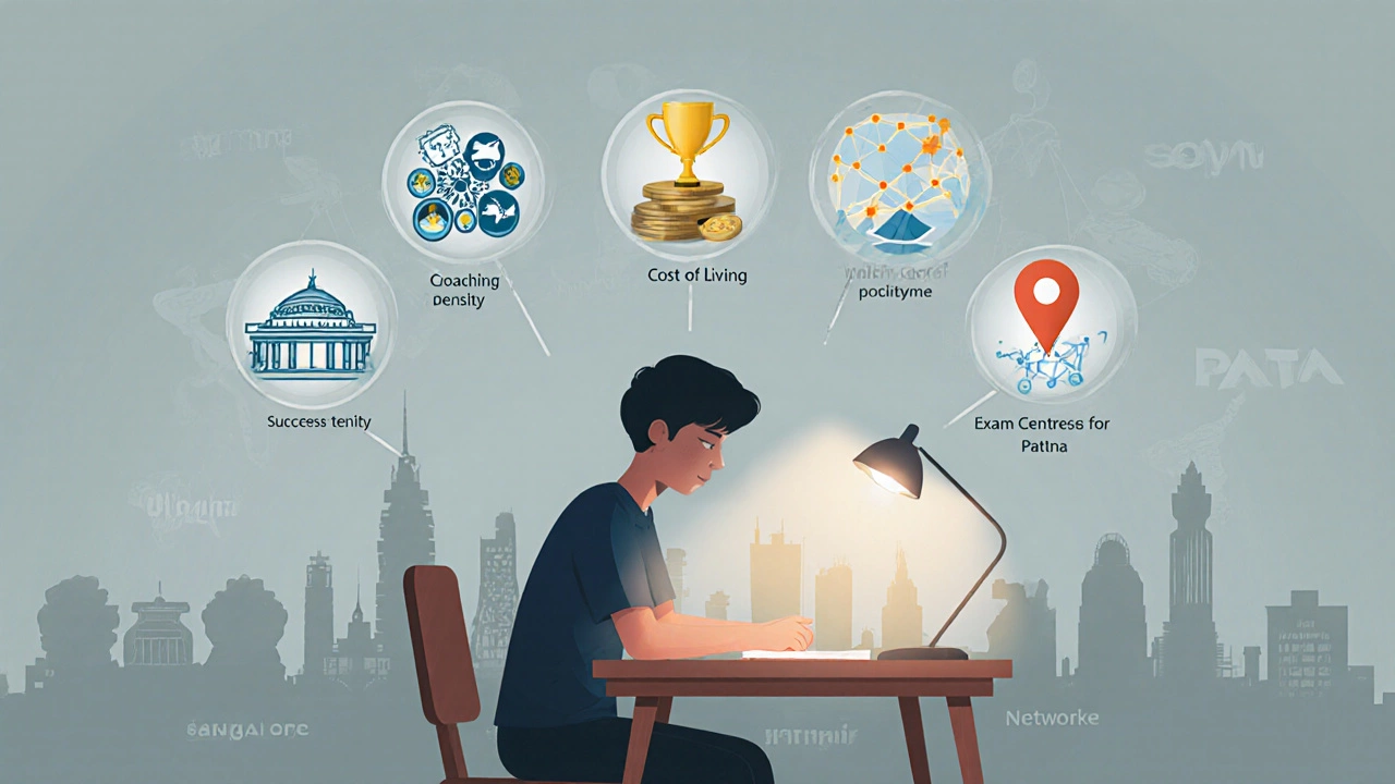 Student at desk surrounded by floating icons representing NEET city criteria.