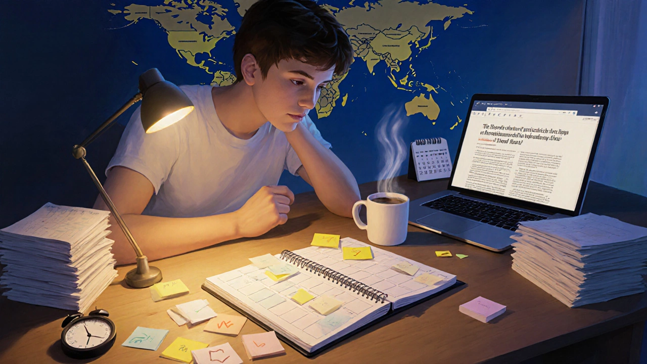 Student planning exam preparation at a desk with planner, laptop, coffee, and notes.