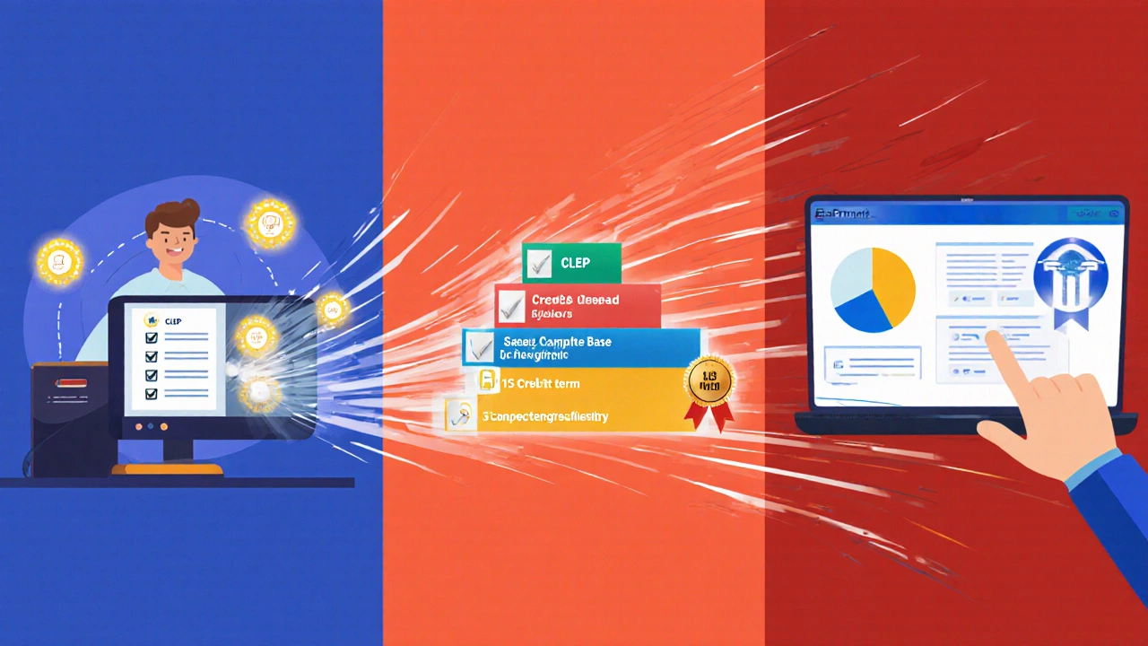 Three‑panel illustration showing CLEP exam, credit overload progress bar, and competency‑based learning.