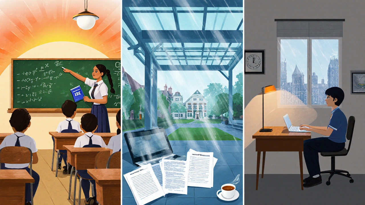 Three study scenes side by side showing Indian, Swiss, and British exam settings.
