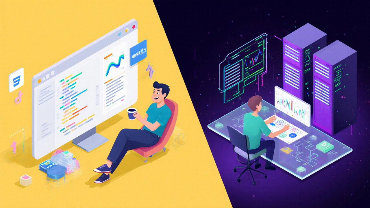 Two contrasting scenes: a simple website built quickly and a complex trading platform designed with architecture diagrams.