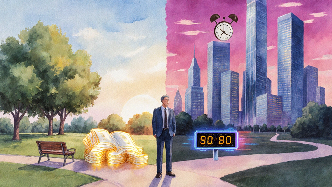 Watercolor scene of two career paths: a peaceful park with pension ledger and a bustling city skyline.