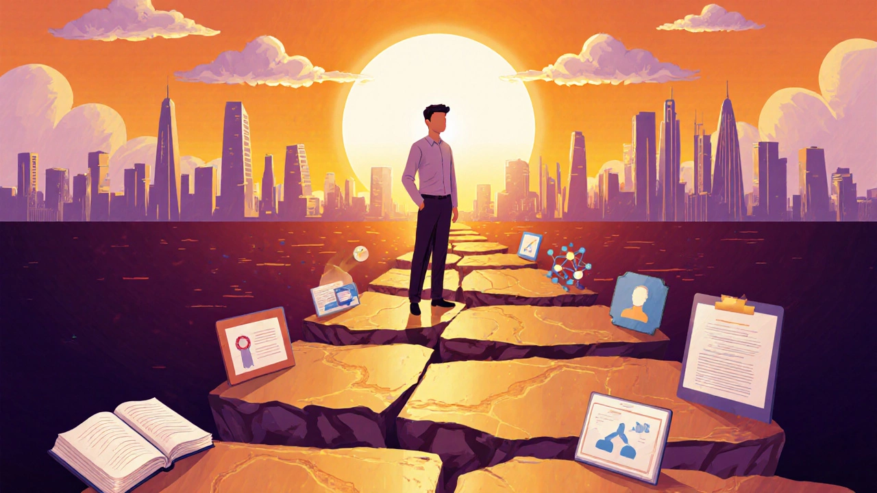 Worker on a path of books and certificates walking toward a sunrise over the city.